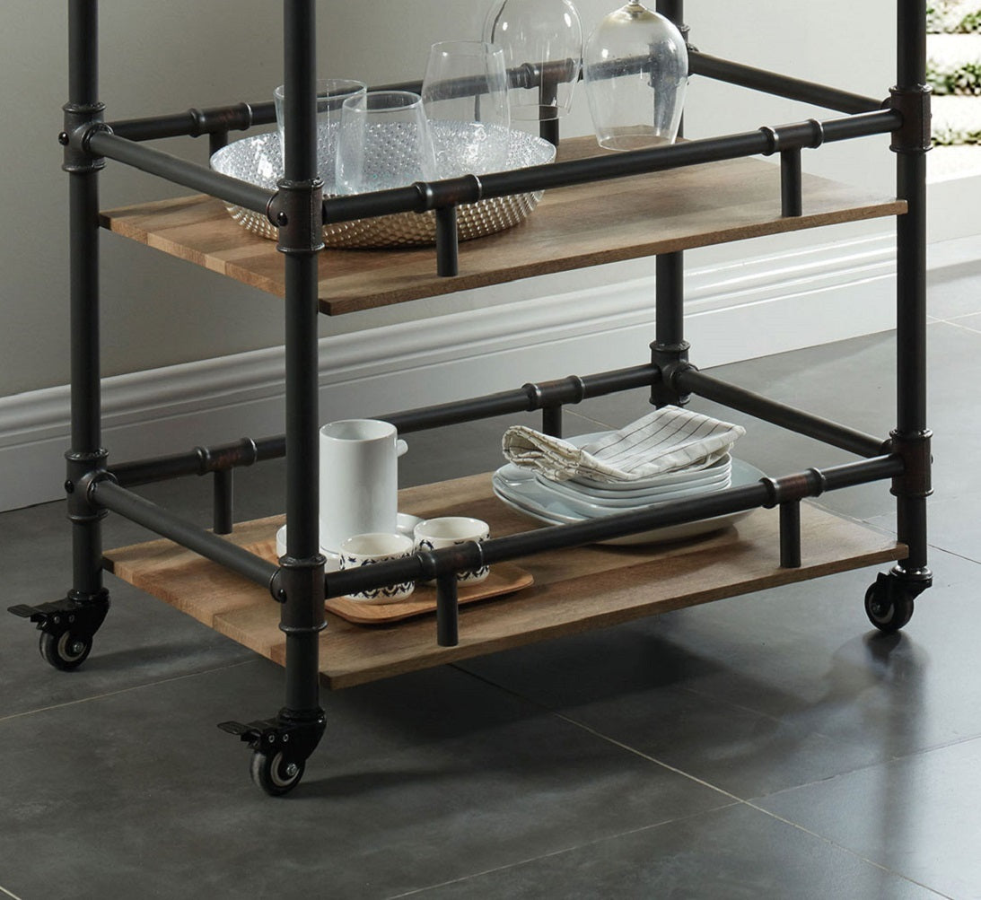 Rustic Industrial Three Tier Serving Cart Oak Finish Frame