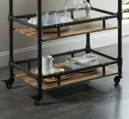 Rustic Industrial Three Tier Serving Cart Oak Finish Frame
