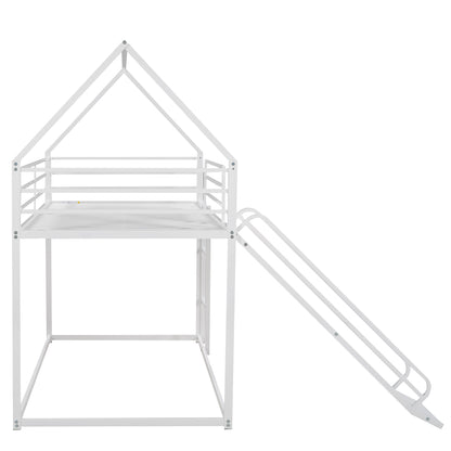 House-Themed Twin Over Twin Bunk Bed with Fun Slide and Ladder in White