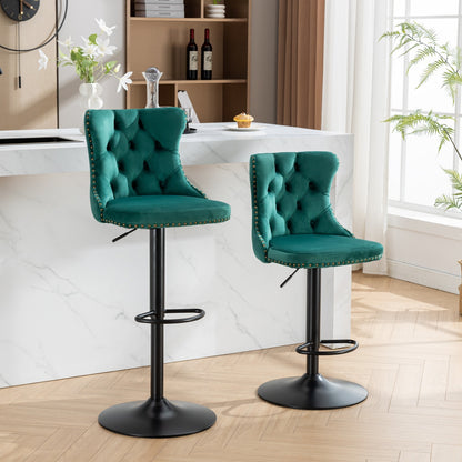 Set of 2 Adjustable Swivel Bar Stools with Tufted Velvet Upholstery and Foam Seat for Kitchen, Green