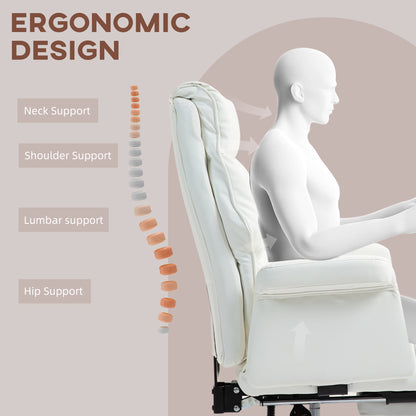Modern White PU Leather Ergonomic Office Chair with Footrest, Reclining and Swivel Features