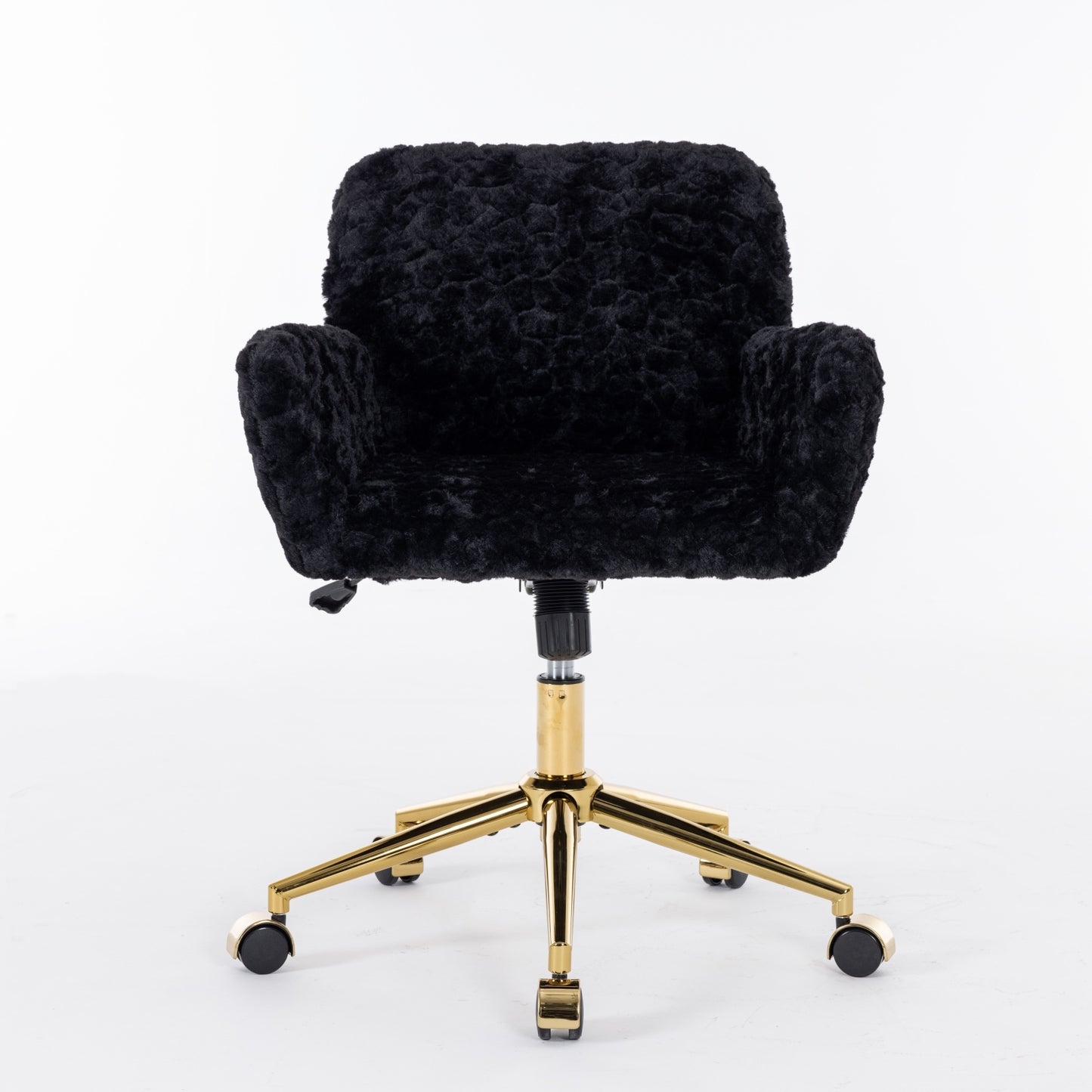 Elegant Black Upholstered Office Chair with Golden Metal Base, Adjustable Swivel Design, Ideal for Home and Vanity Use