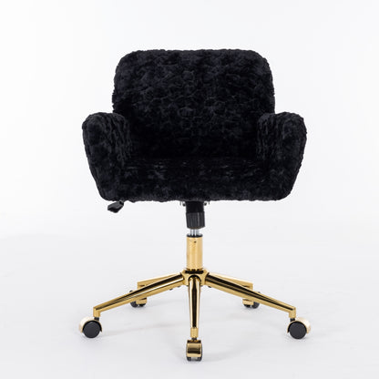 Elegant Black Upholstered Office Chair with Golden Metal Base, Adjustable Swivel Design, Ideal for Home and Vanity Use