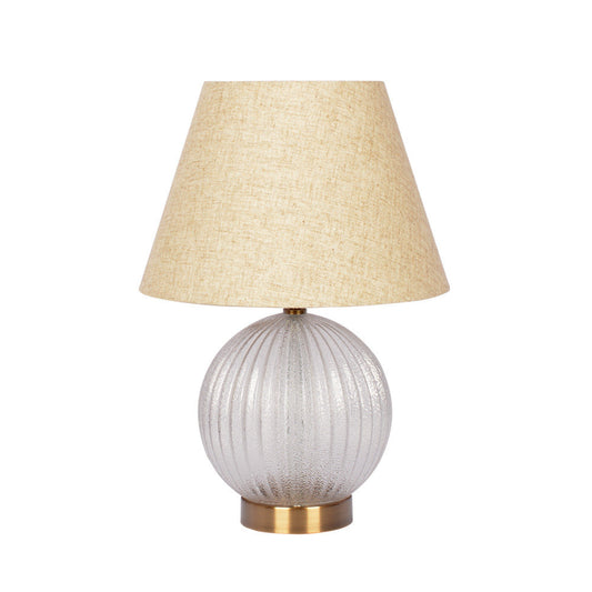 Round Ribbed Glass Table Lamp with Large Linen Shade, E26 Rotary Switch, 60W Max Brass, Clear, Natural.