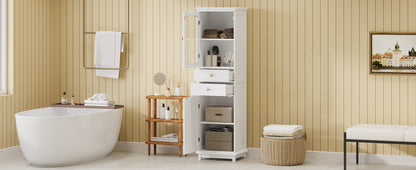 Elegant 63" Tall White Bathroom Storage Cabinet with Glass Doors, Two Drawers, Adjustable Shelves, and Anti-Tipping Design - Perfect for Organizing and Displaying Essentials