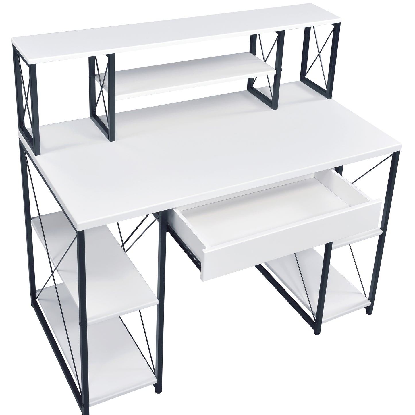 Modern White and Black Writing Desk with Open Shelving and Hutch