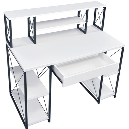 Modern White and Black Writing Desk with Open Shelving and Hutch