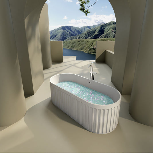67-Inch Luxury Solid Surface Freestanding Bathtub in Matte White with Overflow and Pop-Up Drain, Engineered Stone Resin
