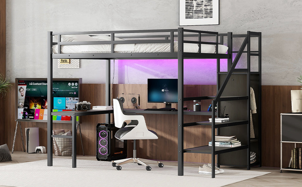 Full XL Metal Loft Bed with L-Shaped Desk, Wardrobe, USB Charging, and LED Lighting for Teens and Adults - Black