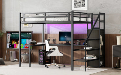 Full XL Metal Loft Bed with L-Shaped Desk, Wardrobe, USB Charging, and LED Lighting for Teens and Adults - Black