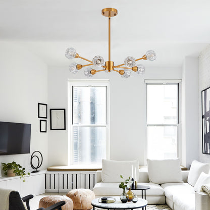9-Light Modern Crystal Chandelier, Iron Frame, 27.6-Inch Ceiling Light for Living Room and Dining, Dining, Golden