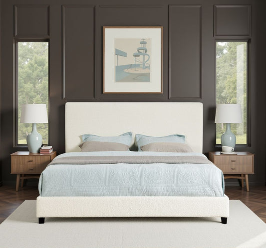 King Size Boucle Upholstered Platform Bed, Contemporary Modern Transitional, Polyester Bedroom White