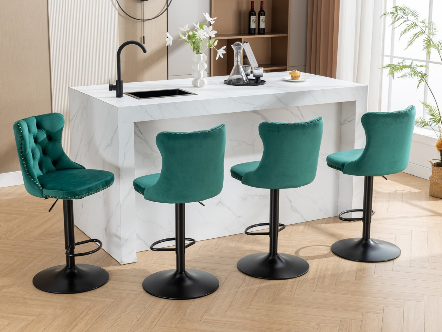 Set of 2 Adjustable Swivel Bar Stools with Tufted Velvet Upholstery and Foam Seat for Kitchen, Green
