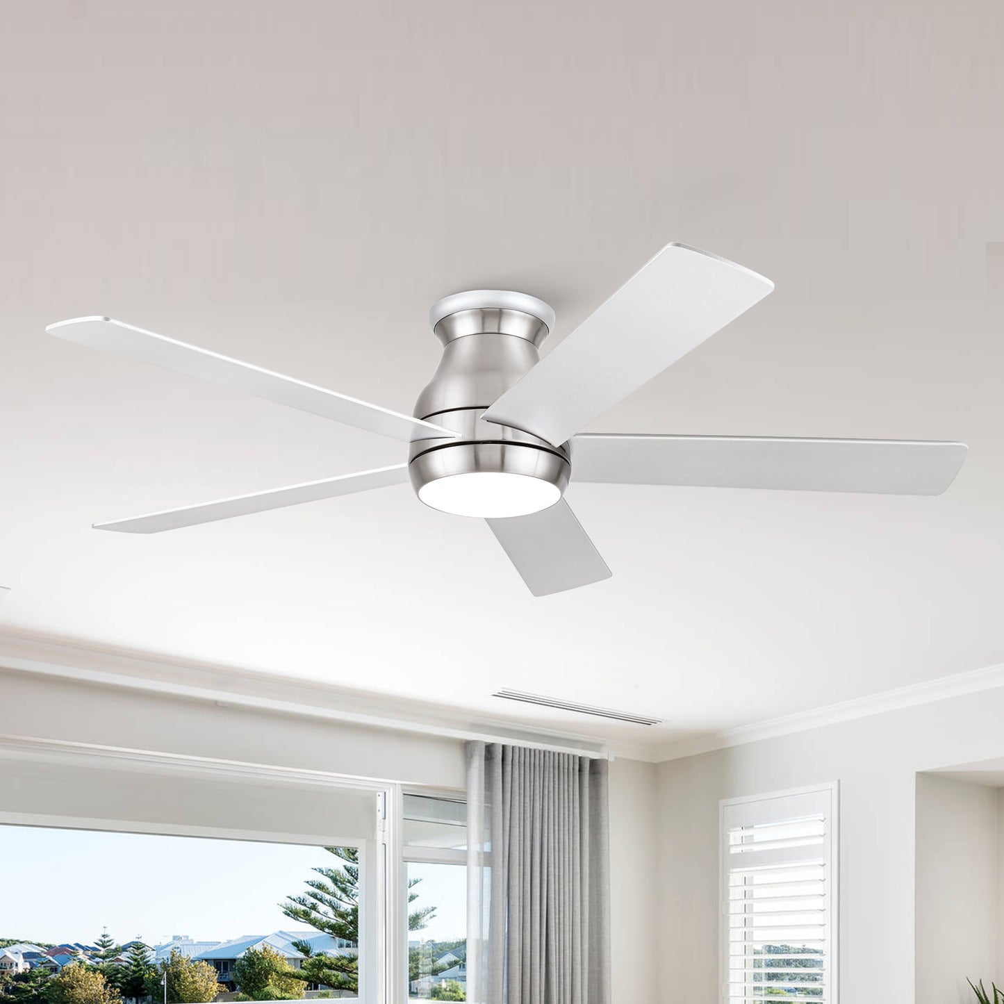 52-Inch Low-Profile Ceiling Fan with Remote, DC Motor, Dimmable LED Light, 5 Blades Brushed Nickel