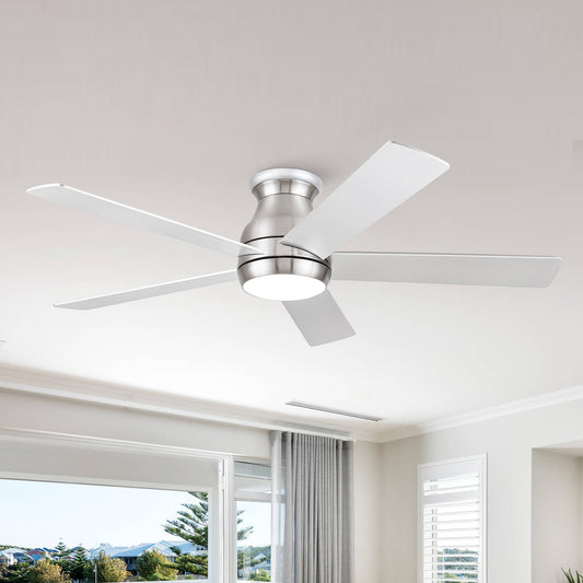 52-Inch Low-Profile Ceiling Fan with Remote, DC Motor, Dimmable LED Light, 5 Blades Brushed Nickel