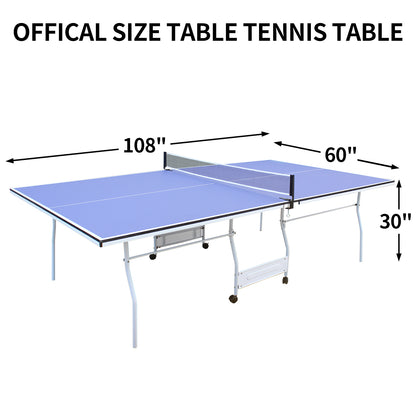 9-Foot Foldable Indoor Table Tennis Table with Net, Regulation-Size Ping Pong, Playback Blue