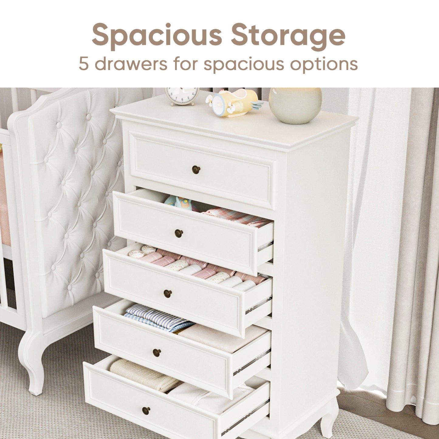 Modern 5-Drawer Dresser with Solid Wood Legs and Chic White Finish for Stylish Storage Solutions