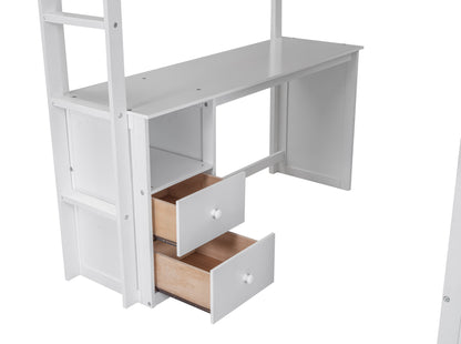 Space-Saving White Wood Loft Bed with Integrated Wardrobes and 2-Drawer Desk