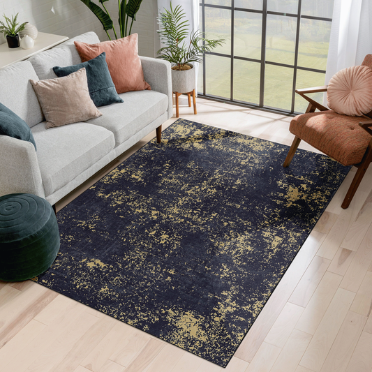 8x10 Washable Area Rug, Low-Pile, Non-Slip, Foldable, Kid & Pet Friendly for Dining Black-Gold