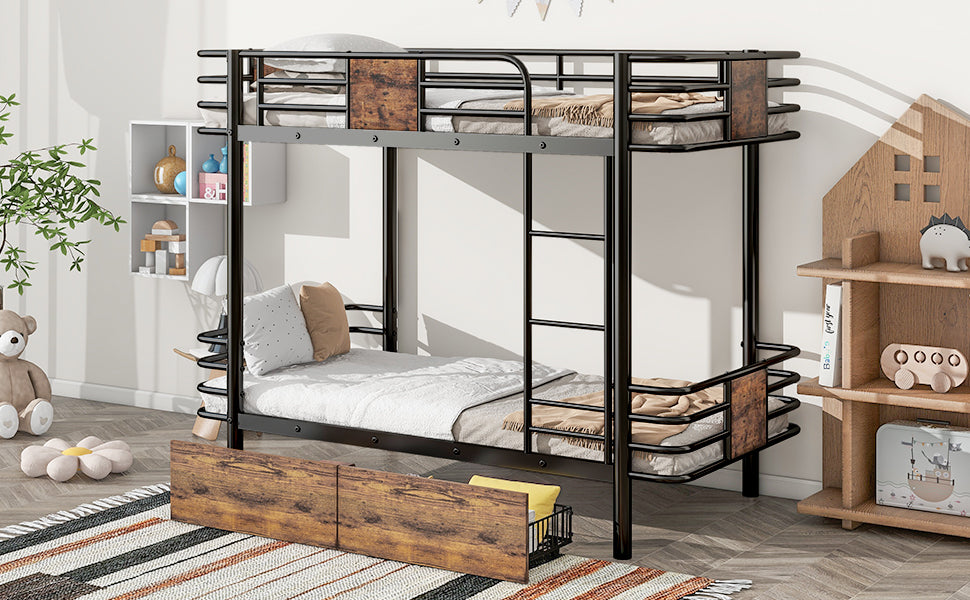 Twin XL Metal Bunk Bed with MDF Guardrails and Storage Drawers in Black
