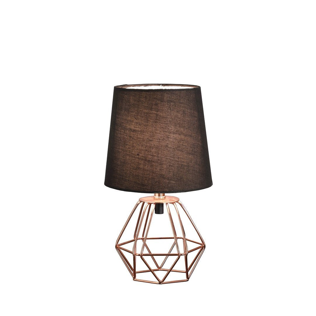 Geometric Metal Table Lamp, 11.25 in H, 6.5 in Base, Black Shade, Inline On/Off, 120V, E12 Bulb, Copper