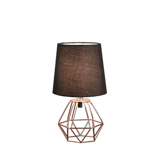 Geometric Metal Table Lamp, 11.25 in H, 6.5 in Base, Black Shade, Inline On/Off, 120V, E12 Bulb, Copper