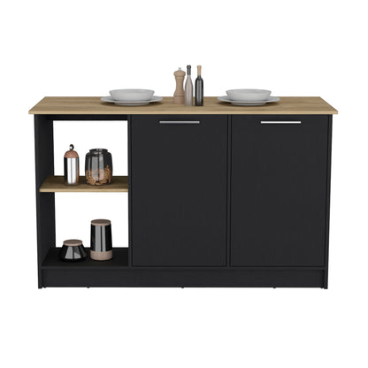 Spacious Black and Macadamia Kitchen Island with Open Shelves and Double Door Storage