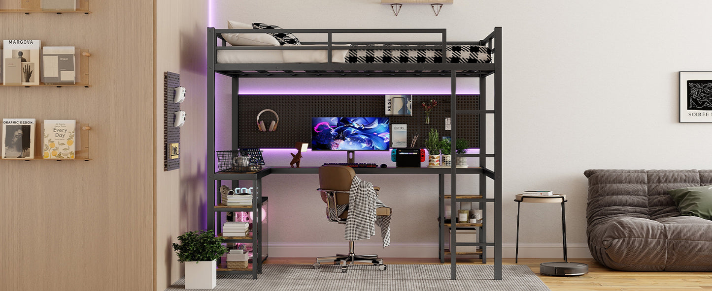 Stylish Full XL Metal Loft Bed with Integrated Desk and Storage Shelves, Ideal Space-Saving Solution for Bedrooms, Black Finish