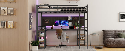 Stylish Full XL Metal Loft Bed with Integrated Desk and Storage Shelves, Ideal Space-Saving Solution for Bedrooms, Black Finish