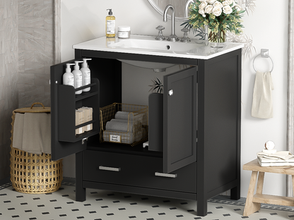 30-Inch Modern Black Bathroom Vanity with Single Sink and Soft-Close Doors, Stylish Storage Cabinet with Undermount Ceramic Basin, Durable Solid Wood Frame