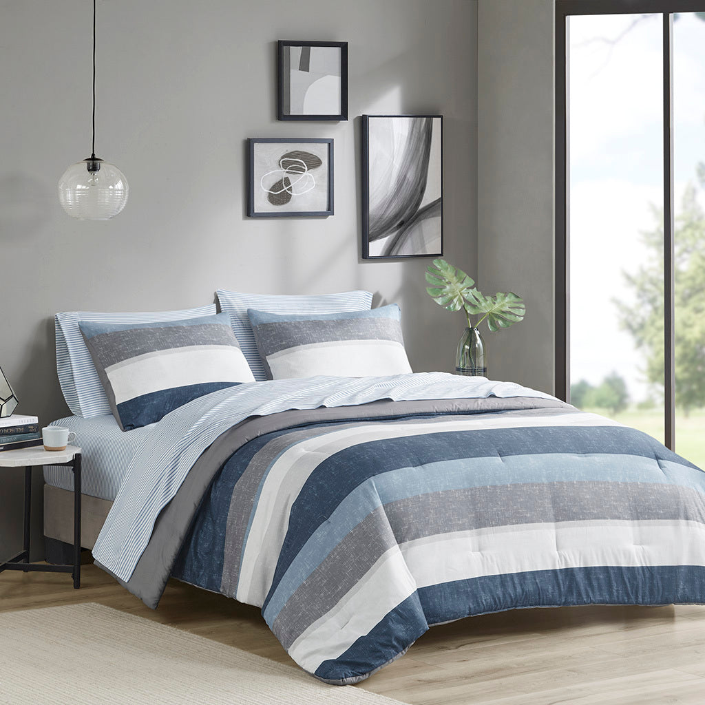 Cal King Stripe Microfiber Comforter Set with Sheets – Comforter, 2 Shams, Fitted & Flat Sheets, Blue/Grey