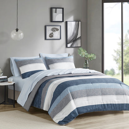 Queen Stripe Microfiber Comforter Set with Sheets – Includes Comforter, 2 Shams, 2 Pillowcases; Blue/Grey