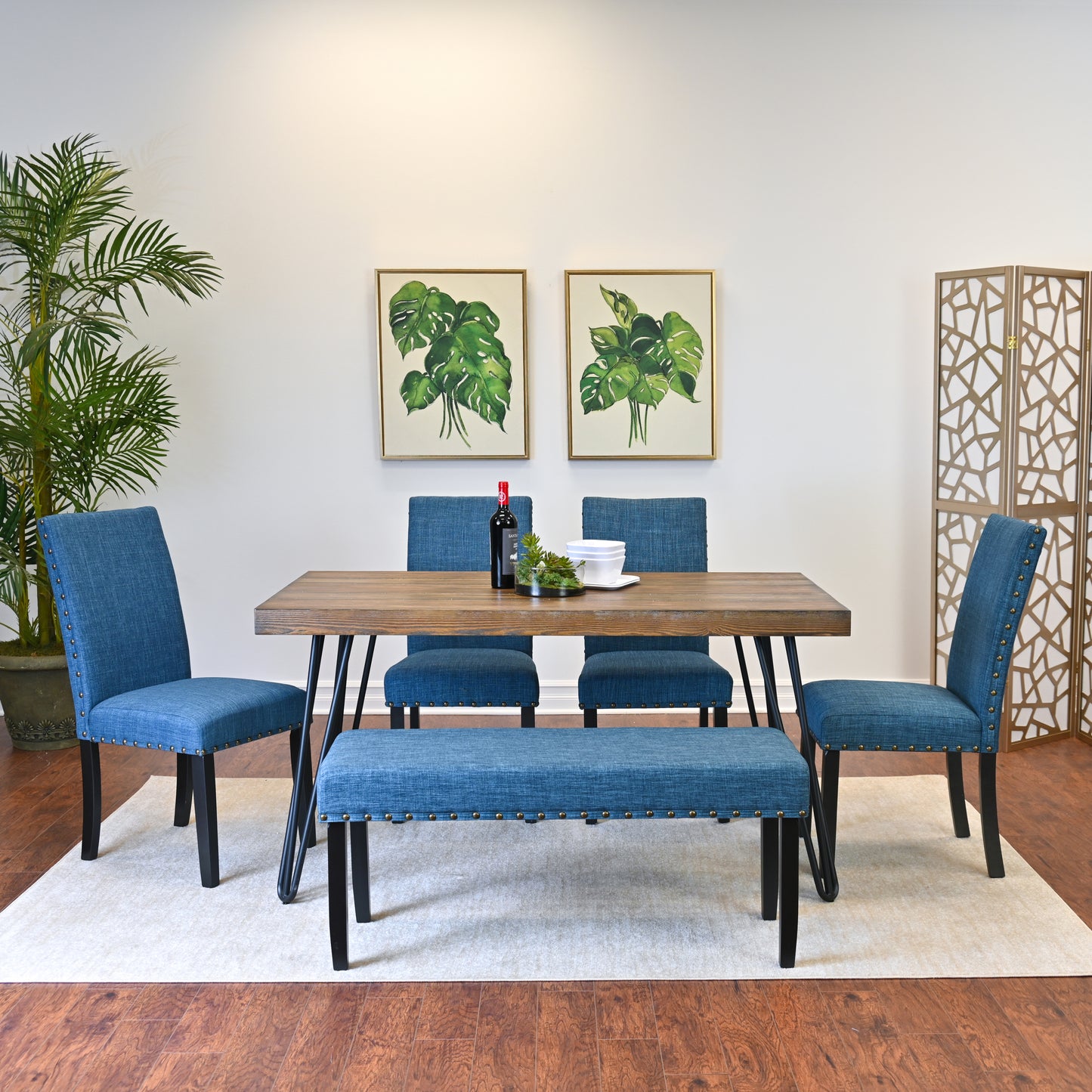 Six Piece Dining Set Hairpin Table And Bench Color Options