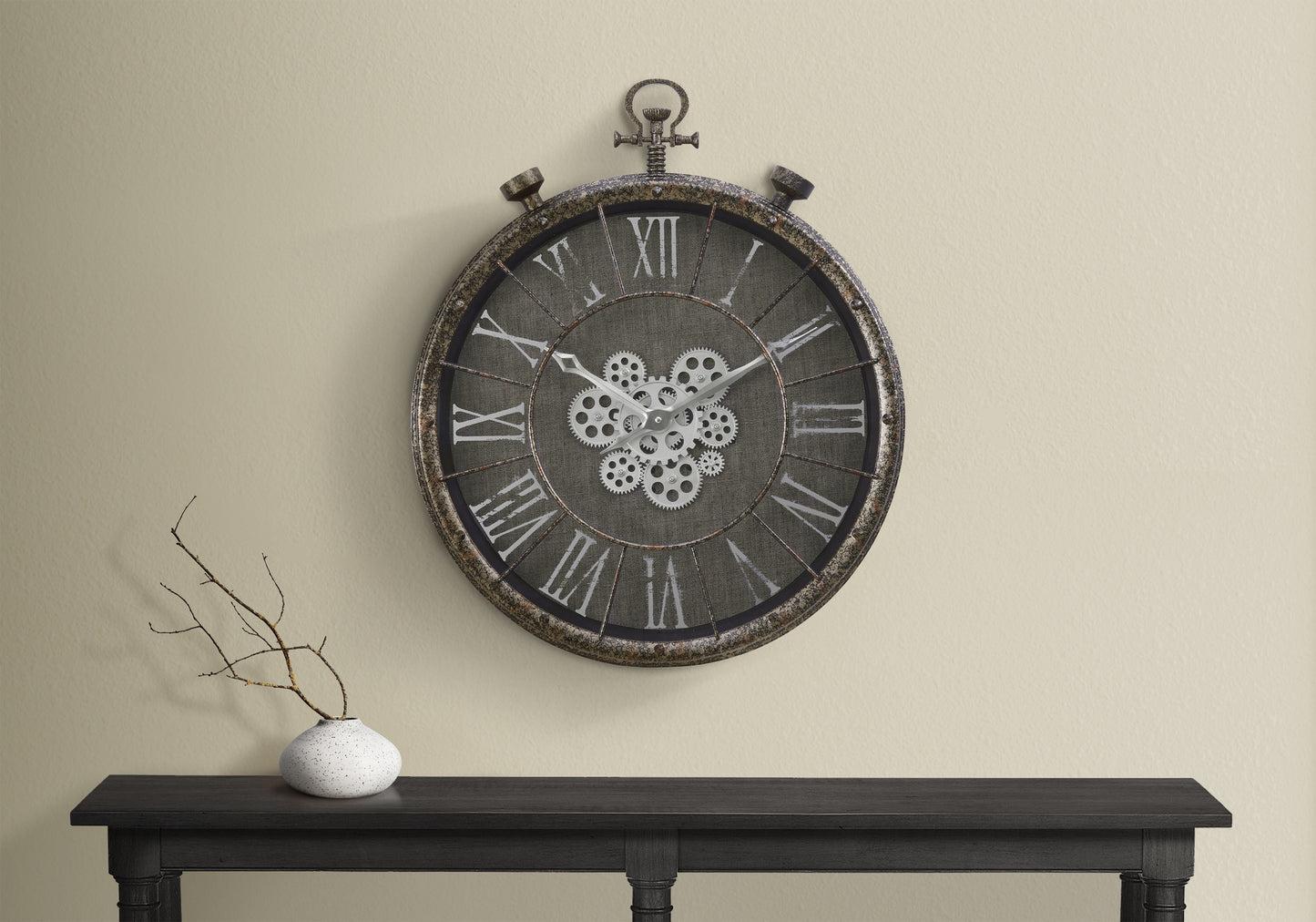 24-Inch Round Wall Clock with Gear Mechanism, Glass Face, Quartz Movement, Roman Numerals, Grey