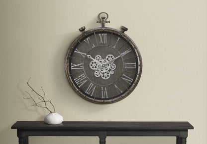 24-Inch Round Wall Clock with Gear Mechanism, Glass Face, Quartz Movement, Roman Numerals, Grey