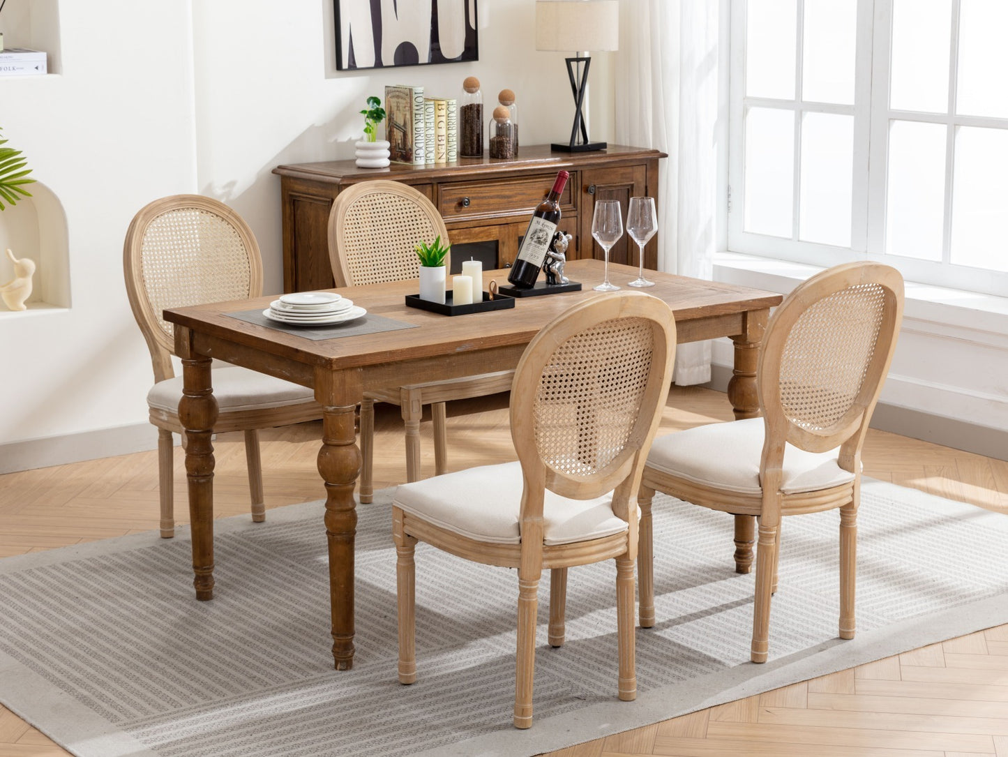 French-Style Solid Wood Dining Chair Set of 2, Linen, Rattan Back, Foam & Steel Spring Cushions, Beige