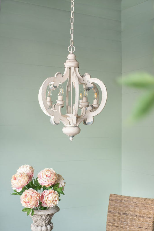 French Country 6-Light Wood Chandelier with Adjustable Chain, Bulbs Not Included, Whitewashed Beige