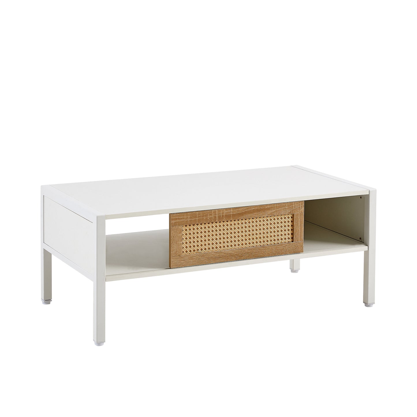 Modern Rattan Coffee Table with Sliding Door, MDF Body, Metal Legs, 40.16 x 21.26 x 16.54 in White