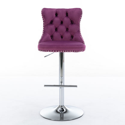 Purple Velvet Swivel Bar Stools Adjustable 25-33 Set Of 2