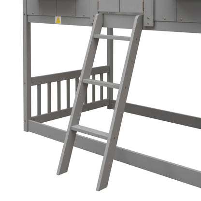 Twin House Bunk Bed for Kids with Roof and Windows - Twin Over Twin Design in Grey