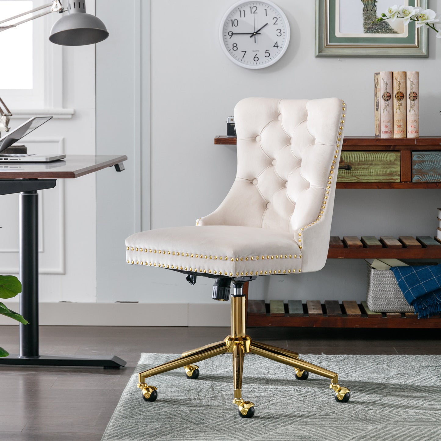 Velvet Tufted Button Office Chair with Golden Base - Adjustable Swivel Desk Chair in Beige