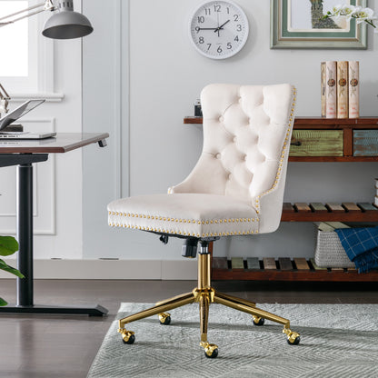 Velvet Tufted Button Office Chair with Golden Base - Adjustable Swivel Desk Chair in Beige