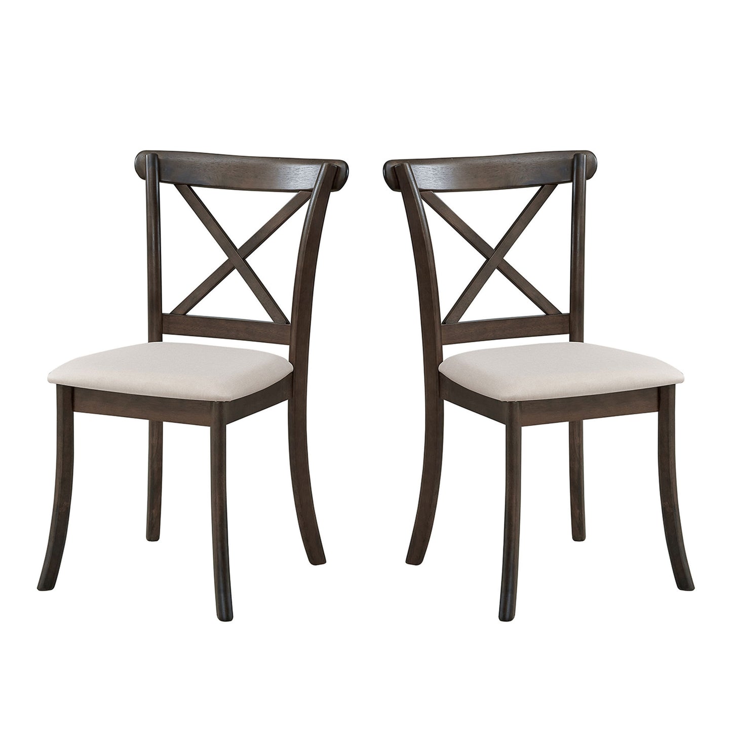 Set of 2 Cross-Back Dining Chairs, Rubber Wood Frame, Fabric Upholstery, Modern Farmhouse Kitchen Chairs Brown