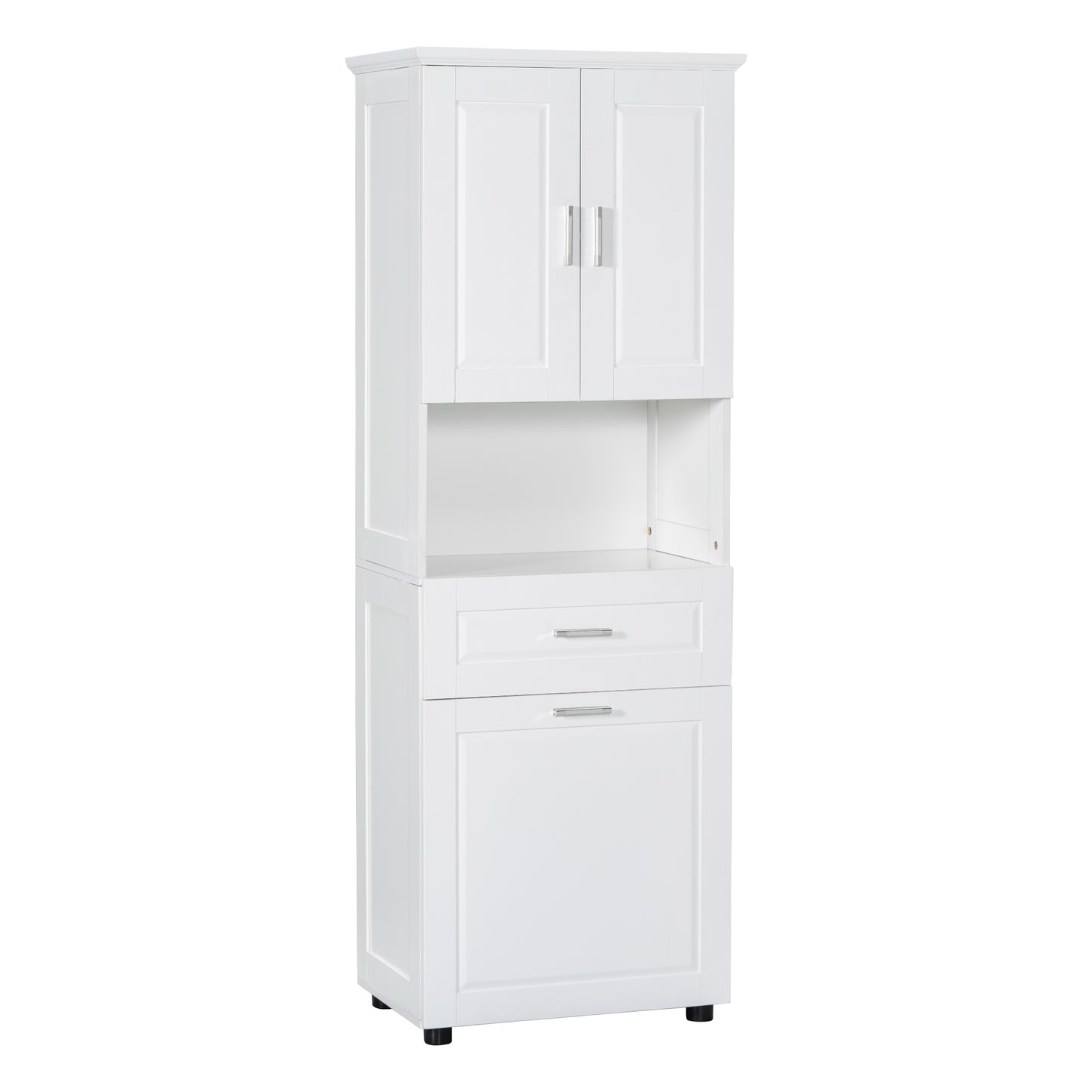 White Tall Storage Cabinet with Tilt-Out Laundry Hamper and Upper Shelves