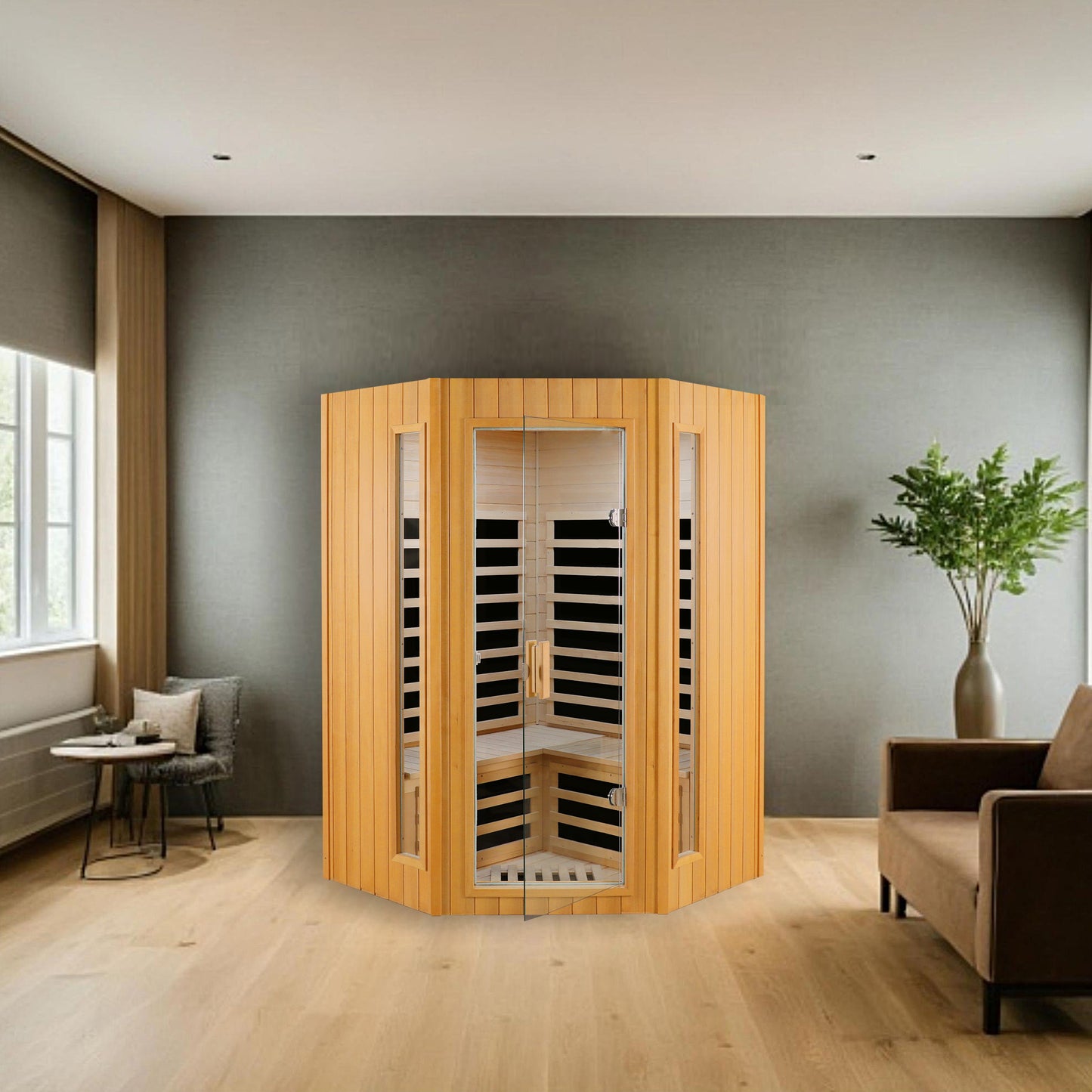 Two-Person Hemlock Indoor Far Infrared Sauna Room with Bluetooth LCD LED Lights 47x47x73 in Natural Wood