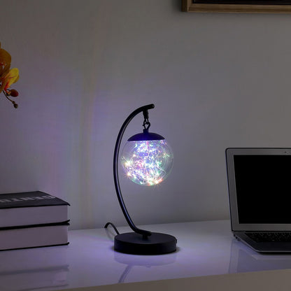 14-Inch Pendulum Table Lamp with Multi-Colored LED Glass Orb, USB Port, Metal Base, 3.5W LED Black