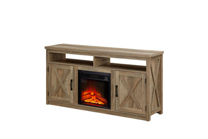 Farmhouse TV Console with Electric Fireplace for 65-Inch TV, Barn Doors, Cable Management, Gray Wash