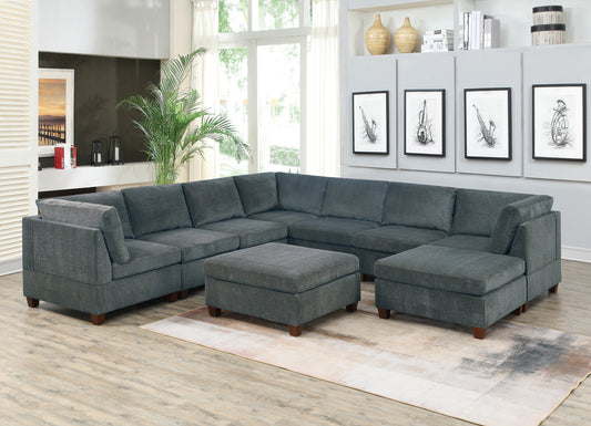 9-Piece Modular U-Shape Sofa Set with 3 Corner Wedges, 4 Armless Chairs, 2 Ottomans, Chenille Grey
