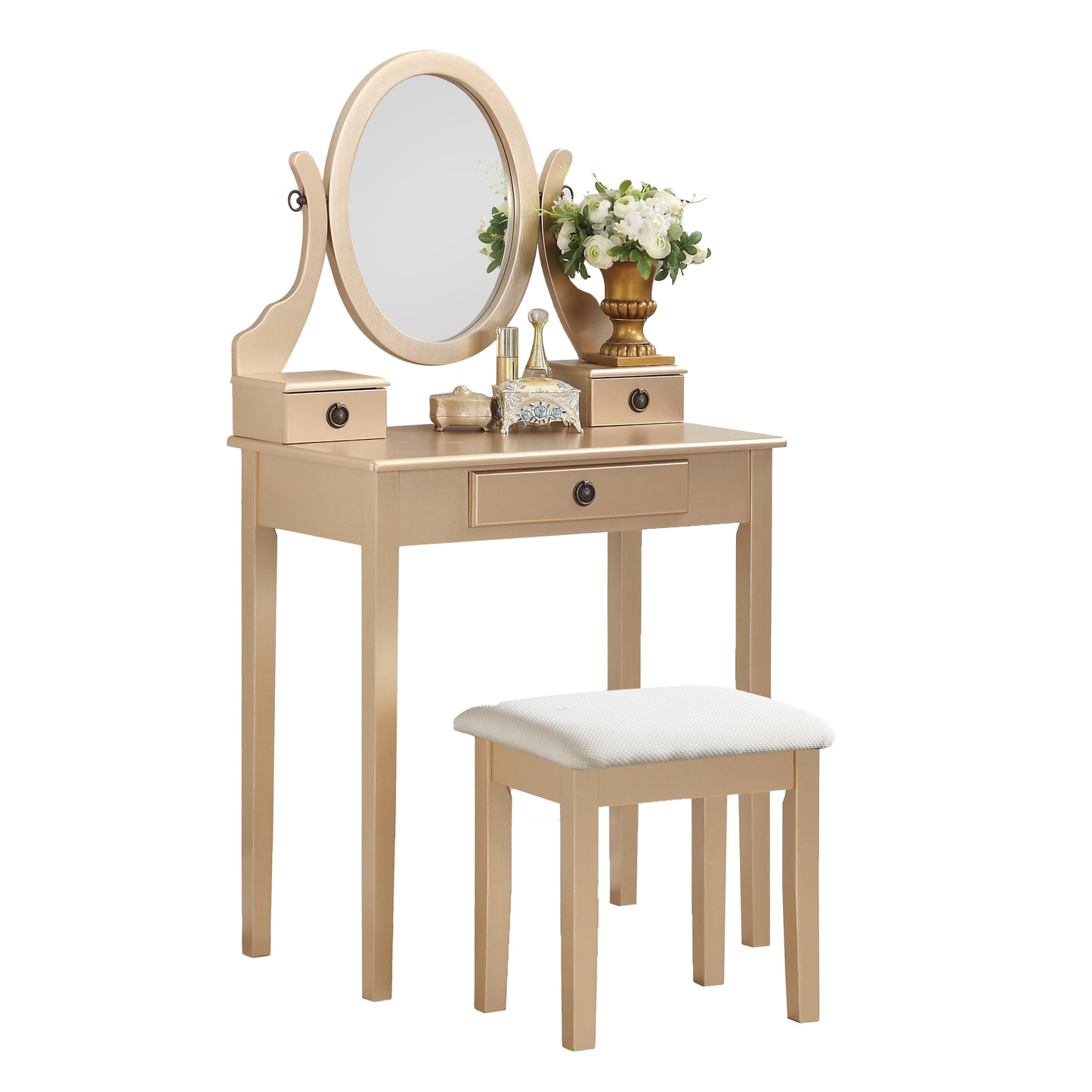 Wood Makeup Vanity Table and Stool Set for Bedroom, Contemporary Style with Storage Drawer, Gold
