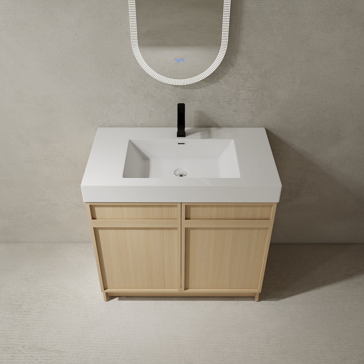 Modern 36" Freestanding Oak Bathroom Vanity with Soft-Close Doors & Integrated White Resin Sink